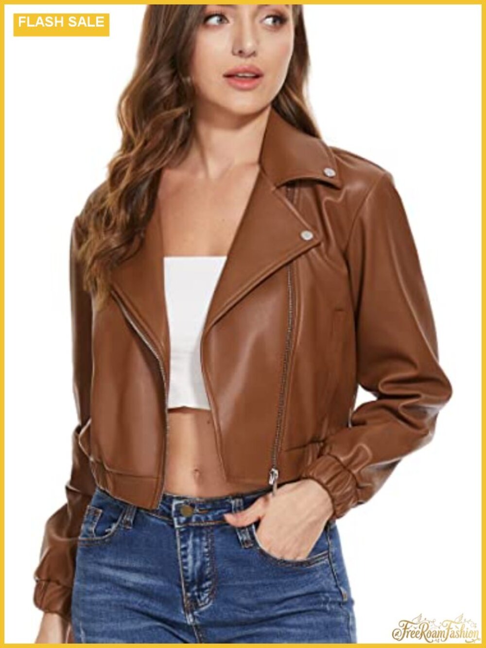 Faux Leather Cropped Moto Jacket Zip Utility Pocket Aviator